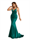 Sexy Criss Cross V-Neck Ruched Mermaid Soft Satin Long Bridesmaid Dresses Online