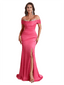 Elegant Cold Shoulder Mermaid Ruched Satin Long Bridesmaid Dresses Online Side Split