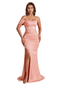 Sexy One Shoulder Side Split Mermaid Satin Chic Long Bridesmaid Dresses Online