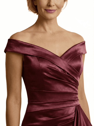Chicsew Chic V-Neck Off Shoulder Sleeveless Satin Mother of The Groom Dress With Ruffles Side Slit