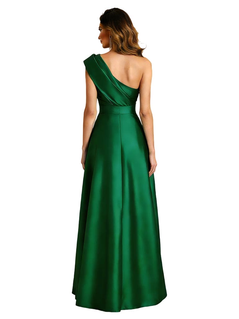 Elegant One Shoulder Silky Satin A-Line Floor-Length Mother Of The Bride Dresses Side Slit