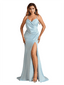 Sexy Spaghetti Straps V-Neck Side Slit Mermaid Soft Satin Pretty Long Bridesmaid Dresses