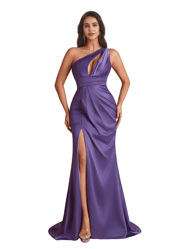 Sexy One Shoulder Mermaid Ruched Satin Unique Long Bridesmaid Dresses Side Split