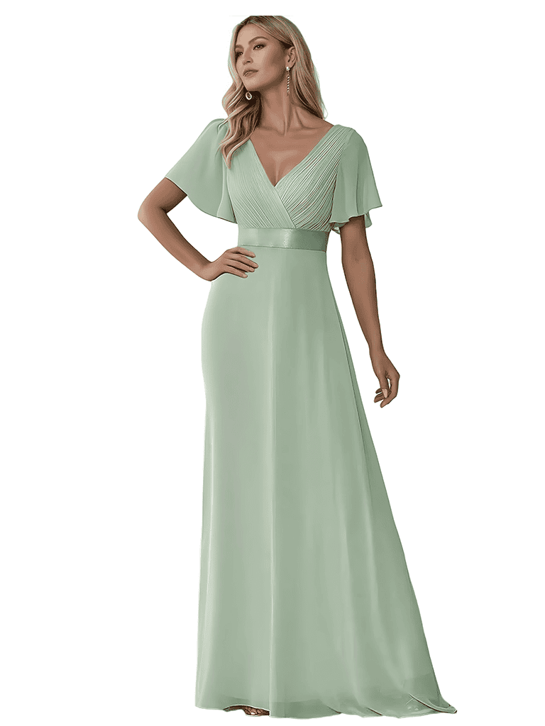 Charming V-Neck Short Sleeves A-line Chiffon Floor-length Bridesmaid Dresses