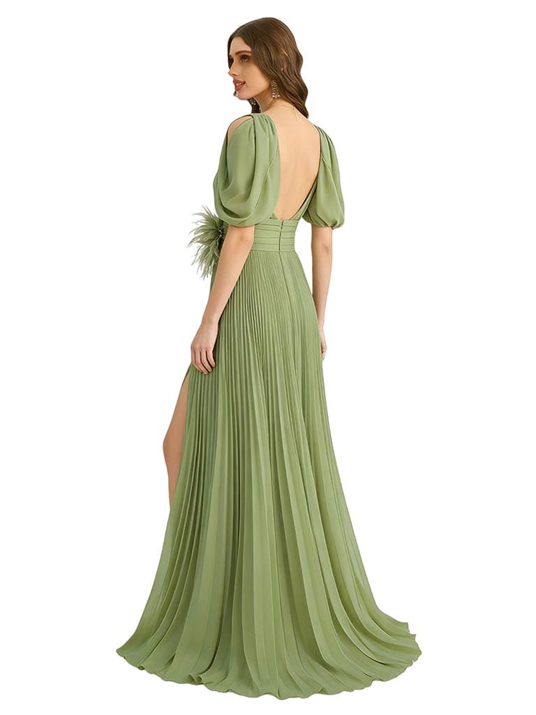Casual Chiffon V-neck Half Sleeves A-Line Long Mother of The Bride Dresses Side Slit