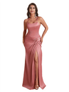 Elegant Mermaid Spaghetti Straps Silky Satin Long Bridesmaid Dresses Online Side Split