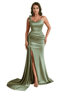 Elegant Mermaid Unique Satin Side Slit Long Bridesmaid Dresses Spaghetti Strap