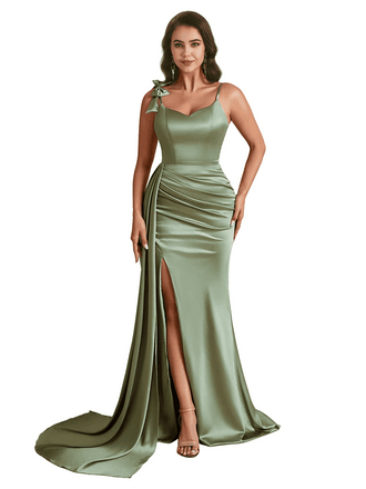 Elegant Mermaid Unique Satin Side Slit Long Bridesmaid Dresses Spaghetti Strap