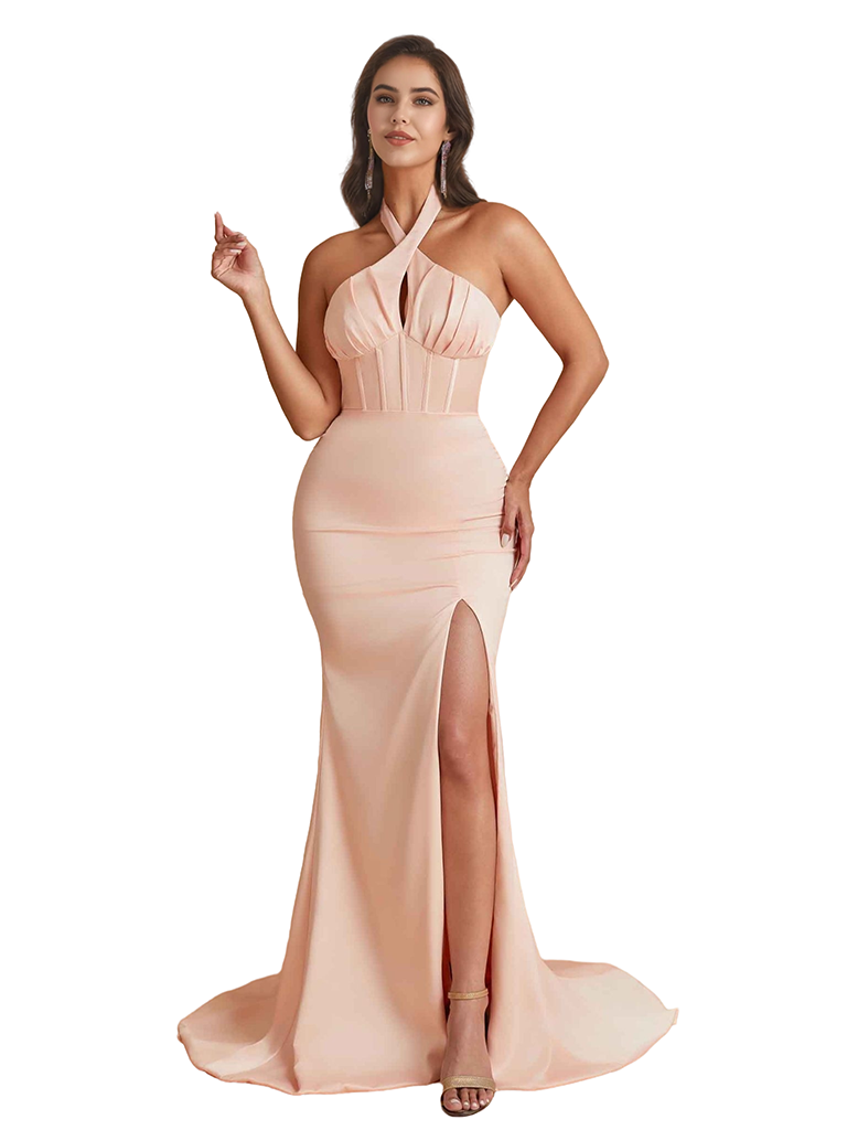 Sexy Halter Mermaid Silky Satin Unique Long Bridesmaid Dresses Online Side Slit