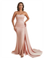 Elegant Silky Satin Sweetheart Strapless Side Split Mermaid Floor Length Bridesmaid Dresses