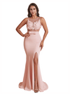 Elegant Two Piece Lace Top Side Split Mermaid Satin Long Bridesmaid Dresses Online