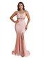 Elegant Two Piece Lace Top Side Split Mermaid Satin Long Bridesmaid Dresses Online