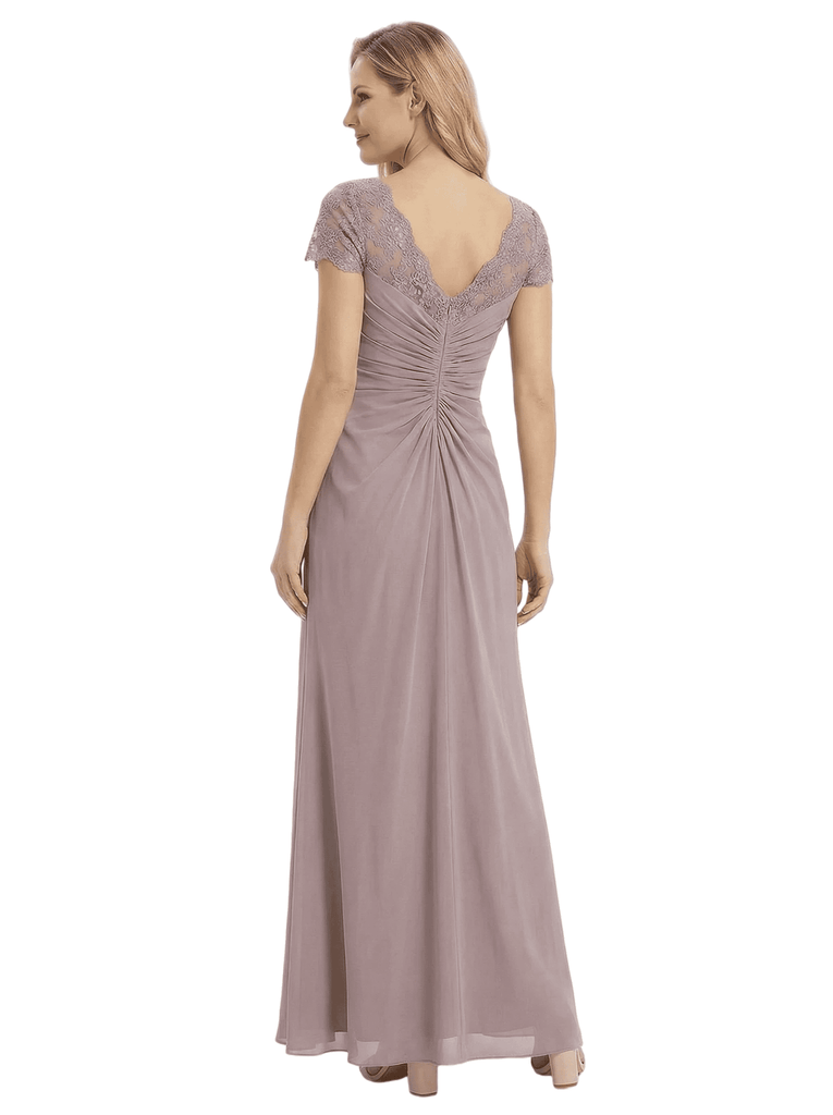 Chicsew Mother of The Groom Dresses V-Neck Short Sleeve Lace Chiffon Maxi Gown Classy Ruched Formal Bridal Party Dress