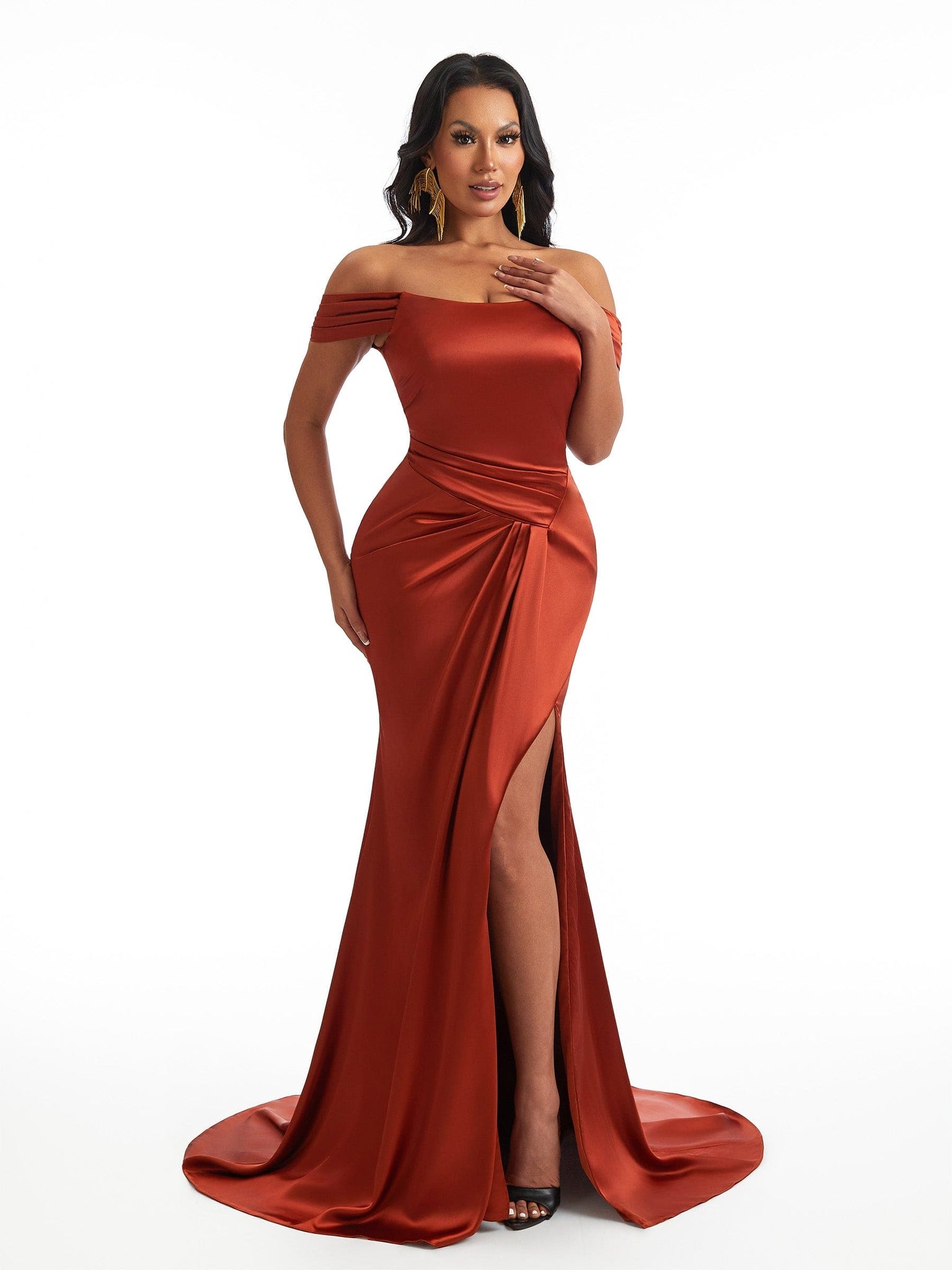 Sexy Off The Shoulder Side Slit Soft Satin Mermaid Lace Up Back Long Bridesmaid Dresses