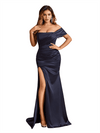 Sexy One Shoulder Mermaid Soft Satin Side Slit Beauty Long Bridesmaid Dresses