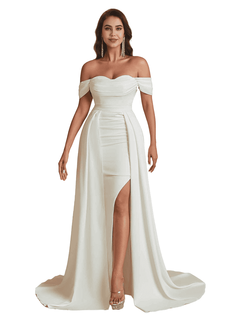 Unique Elegant Off The Shoulder Mermaid Silky Satin Long Bridesmaid Dresses Side Split