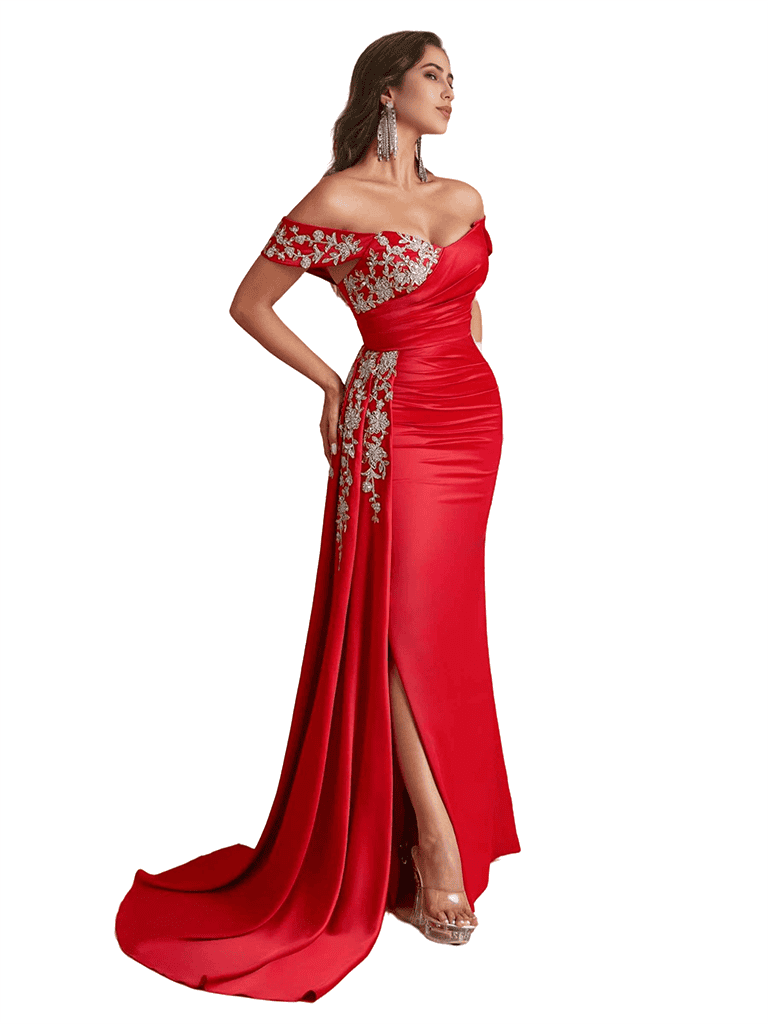 Luxury Sexy Off The Shoulder Lace Silky Satin Long Bridesmaid Dresses Side Slit