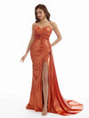 V-Neck Mermaid Spaghetti Straps Metallic Stretch Shiny Fabric Long Elegant Wedding Guest Dresses