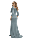 Chicsew Mother of The Bride Dresses Asymmetrical 3/4 Sleeve Satin Mermaid Train Gown Unique Bow Detailed Formal Wedding Event Attire