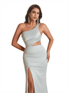 Unique One Shoulder Side Split Mermaid Silky Satin Long Bridesmaid Dresses Online