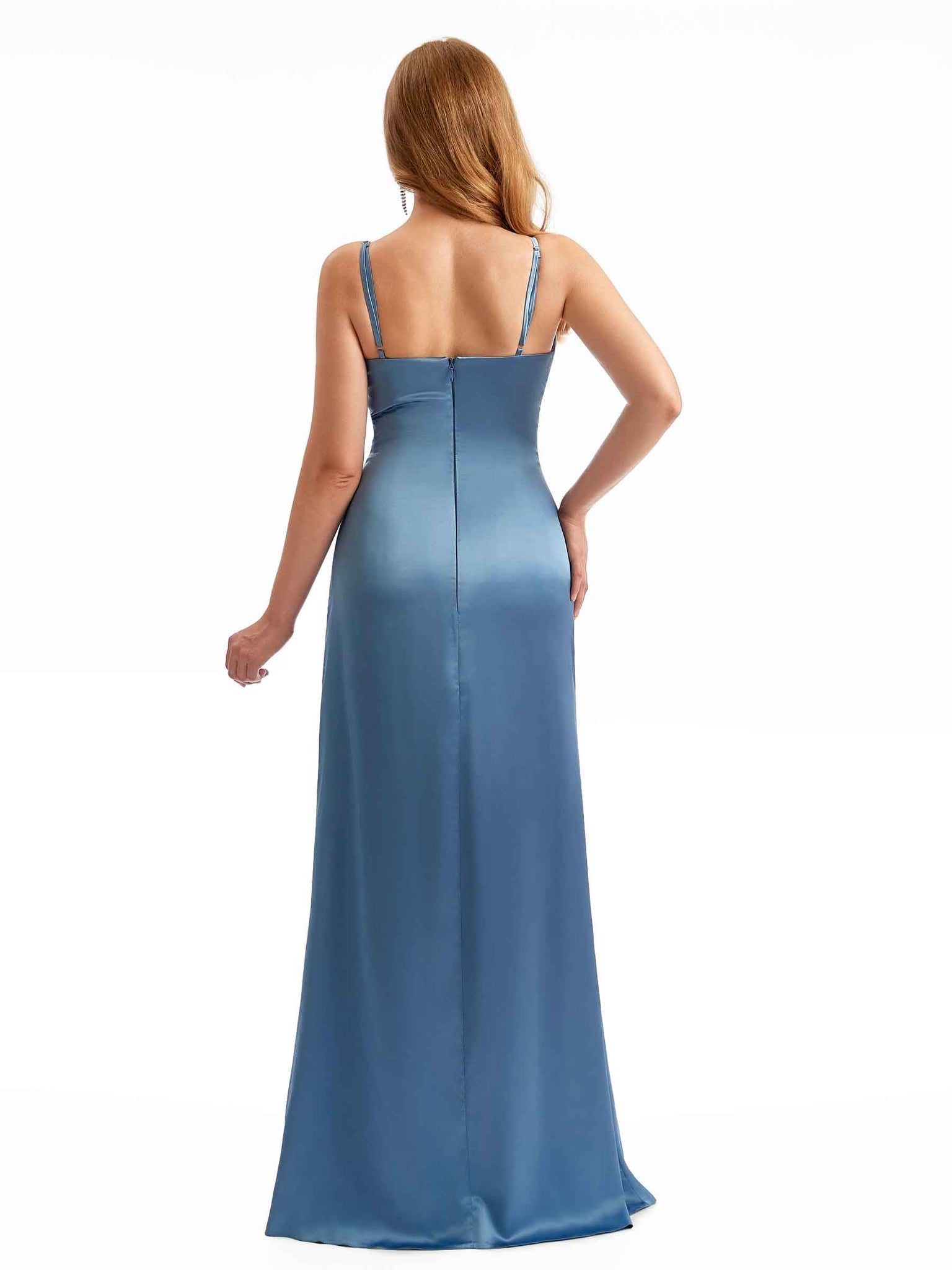 Sexy Side Slit Spaghetti Strap Mermaid Chic Satin Dresses For Bridesmaids UK