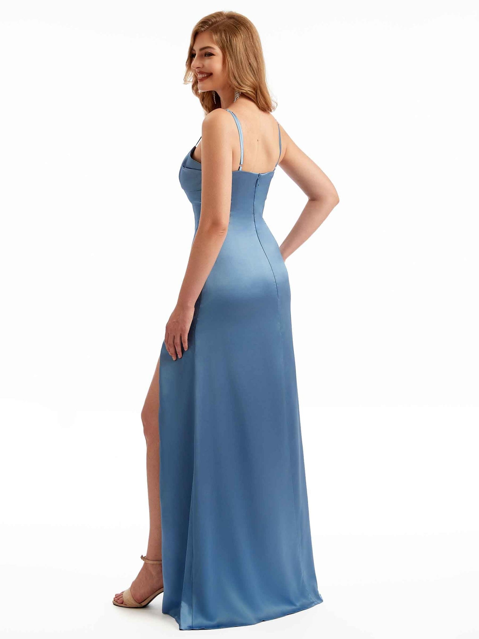 Sexy Side Slit Spaghetti Strap Mermaid Chic Satin Dresses For Bridesmaids UK