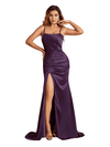 Elegant Mermaid Spaghetti Straps Side Slit Soft Satin Pretty Long Bridesmaid Dresses