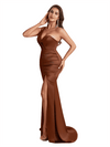 Elegant One Shoulder Silky Satin Mermaid Long Bridesmaid Dresses Side Slit