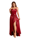 Sexy V-Neck Spaghetti Straps A-Line High Low Soft Satin Long Bridesmaid Dresses