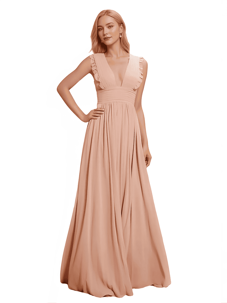 Sexy Deep V-Neck A-line Chiffon Floor Length Bridesmaid Dresses
