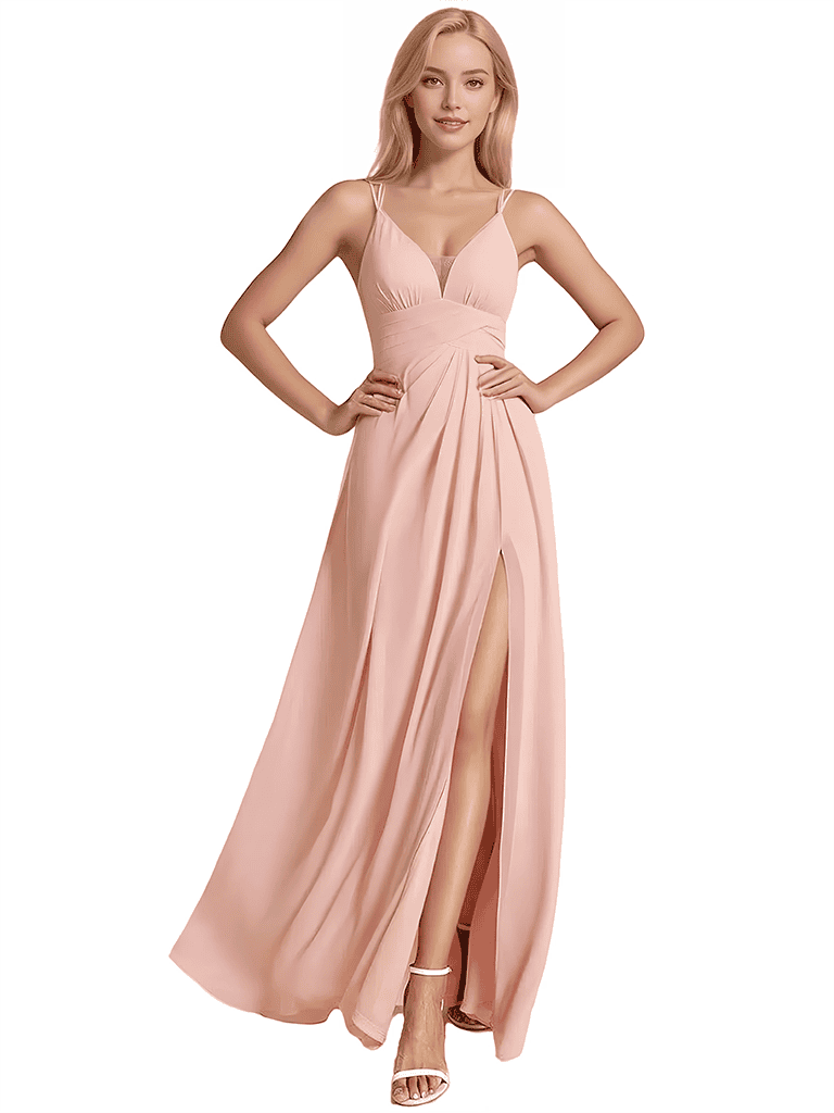Unique A-line Spaghetti Straps Side Slit Chiffon Floor-Length Bridesmaid Dresses