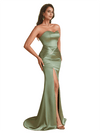 Sexy Strapless Mermaid Ruched Satin Long Bridesmaid Dresses Online Side Split