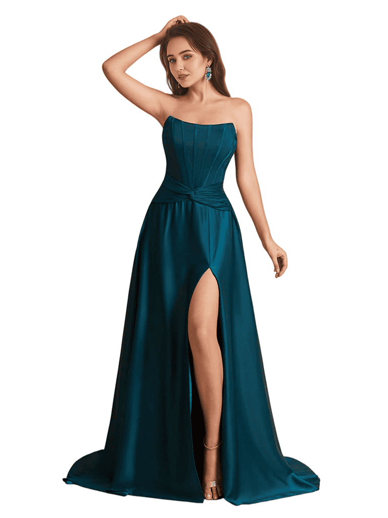 Elegant Silky Satin Strapless Sweetheart A-Line Side Slit Floor Length Bridesmaid Dresses