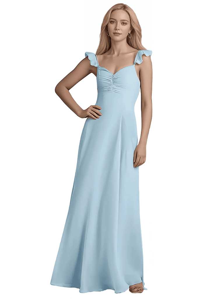 Elegant Ruffle Straps A-line Chiffon Long Bridesmaid Dresses