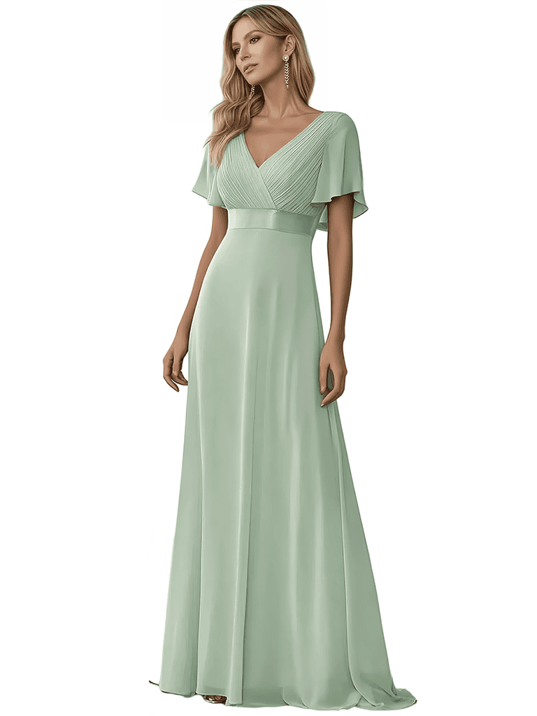 Charming V-Neck Short Sleeves A-line Chiffon Floor-length Bridesmaid Dresses