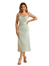 Sexy Spaghetti Straps Mermaid Side Slit Soft Satin Midi Bridesmaid Dresses