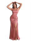 Elegant Mermaid Spaghetti Straps Silky Satin Long Bridesmaid Dresses Online Side Split