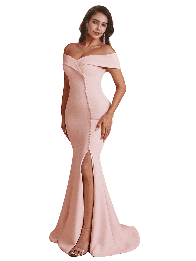 Elegant Off The Shoulder Side Split Mermaid Satin Unique Long Bridesmaid Dresses Online