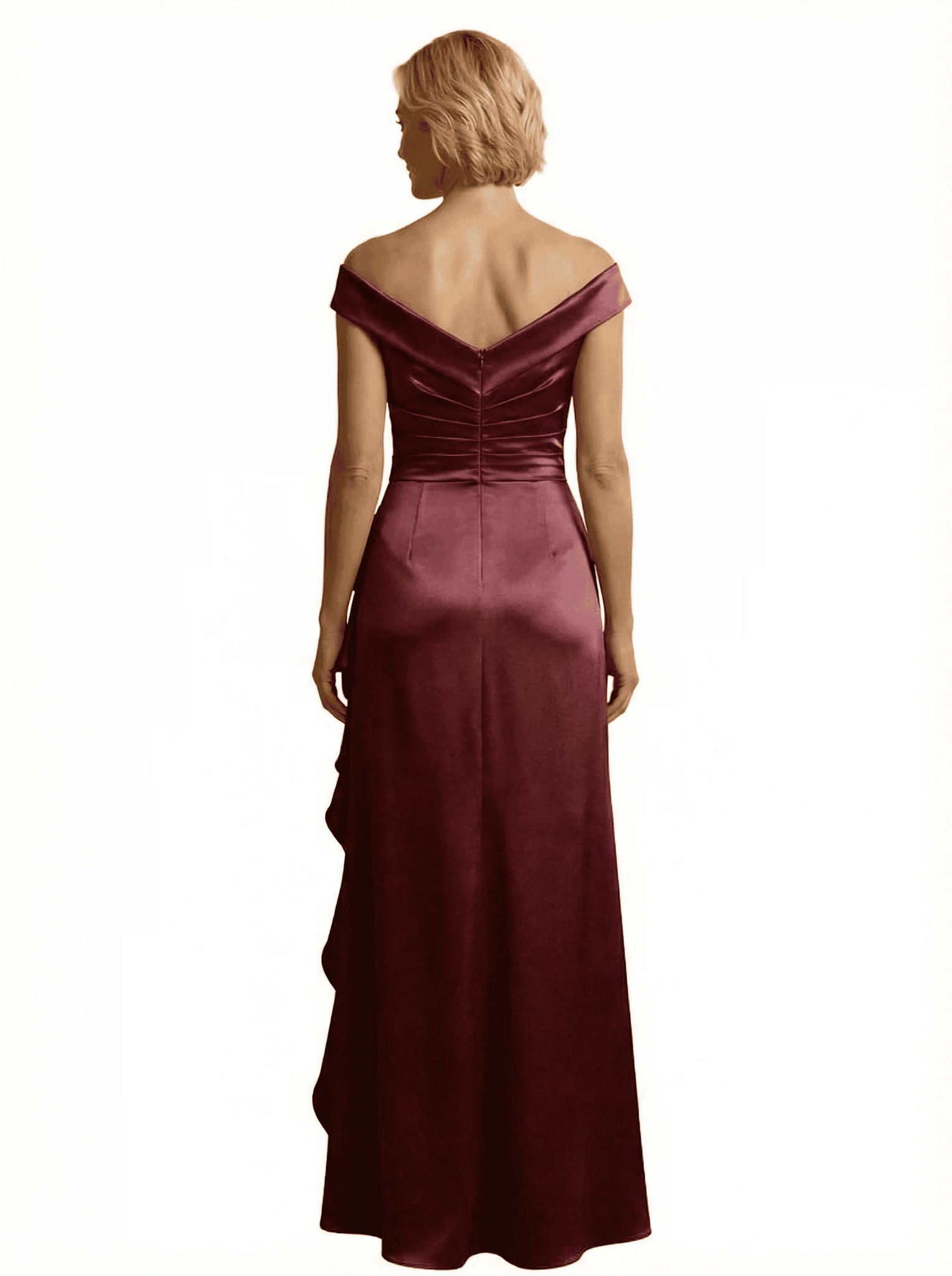 Chicsew Chic V-Neck Off Shoulder Sleeveless Satin Mother of The Groom Dress With Ruffles Side Slit