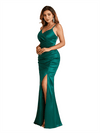 Sexy Spaghetti Straps Side Slit Mermaid Soft Satin Ruched Floor-Length Bridesmaid Dresses