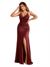 Sexy Spaghetti Straps Mermaid Side Slit Formal Soft Satin Long Bridesmaid Dresses