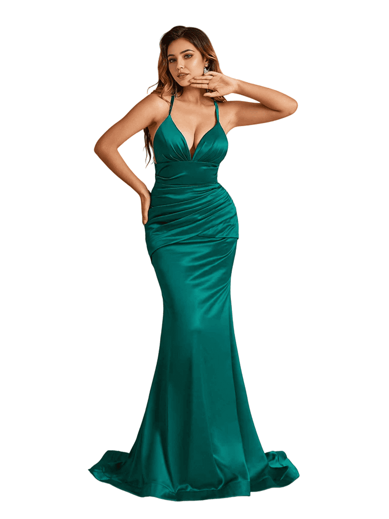 Sexy Criss Cross V-Neck Ruched Mermaid Soft Satin Long Bridesmaid Dresses Online