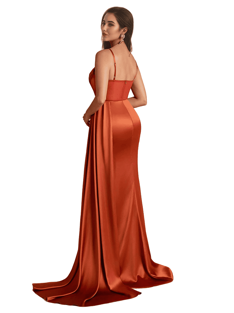 Sexy Siliy Satin Boning Mermaid Side Split Long Bridesmaid Dresses Spaghetti Straps