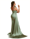 Elegant Mermaid Unique Satin Side Slit Long Bridesmaid Dresses Spaghetti Strap