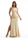 Sexy One Shoulder Side Slit Mermaid Soft Satin Long Bridesmaid Dresses Online
