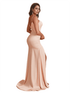 Elegant Spaghetti Straps Mermaid Pleated Silky Satin Unique Long Bridesmaid Dresses Slit