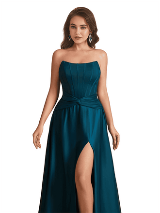 Elegant Silky Satin Strapless Sweetheart A-Line Side Slit Floor Length Bridesmaid Dresses