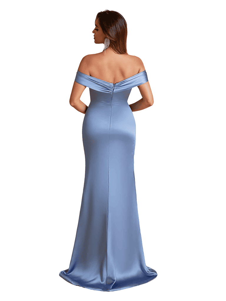 Elegant Off The Shoulder Mermaid Silky Satin Unique Long Bridesmaid Dresses Side Slit