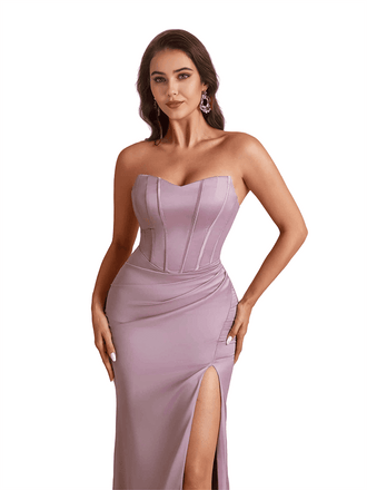 Sexy Sweetheart Mermaid Silky Satin Unique Long Bridesmaid Dresses Side Slit