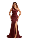 Elegant One Shoulder Sleeveless Soft Satin Side Slit Mermaid Bridesmaid Dresses